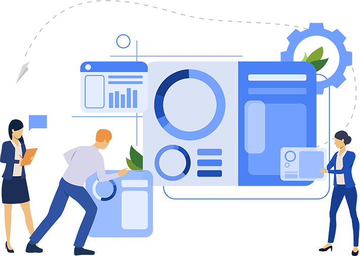 Illustration of people working with large data charts and interface elements