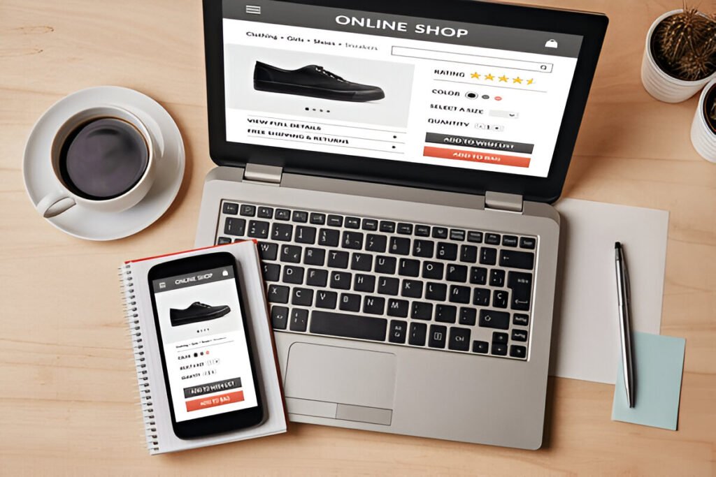Laptop and smartphone displaying an online shop webpage with a coffee cup and notebook on a desk