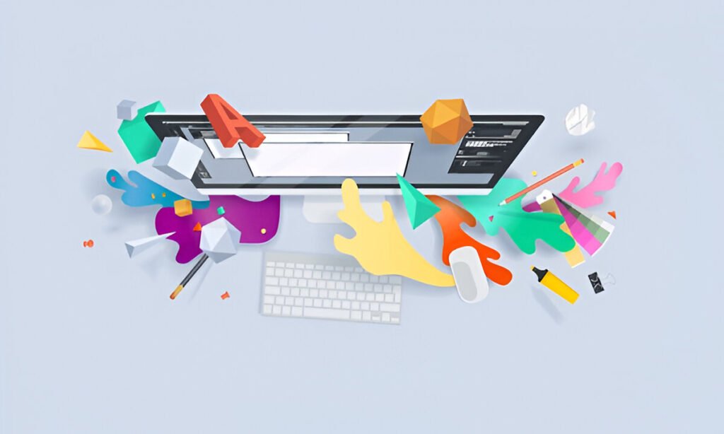 Colorful graphic design elements emerging from a computer screen with keyboard and mouse