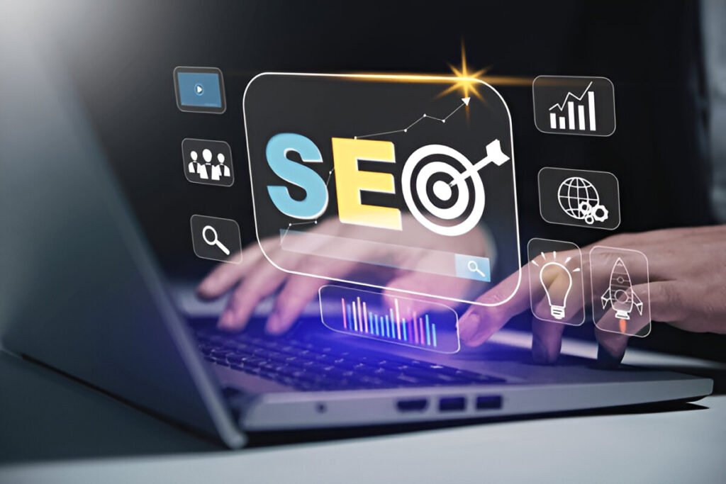 Hands typing on a laptop with digital SEO icons and graphics