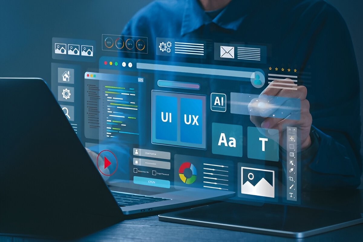 A person interacting with a laptop displaying digital UI/UX design elements