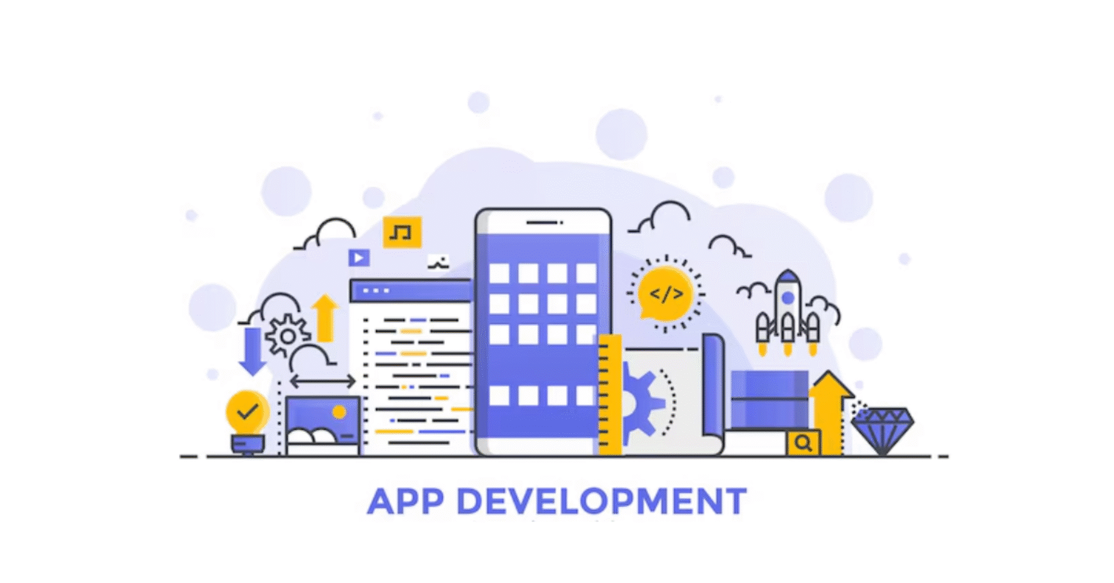 Illustration of mobile app development with smartphone, coding screen, gears, rocket, and digital icons representing technology and innovation.