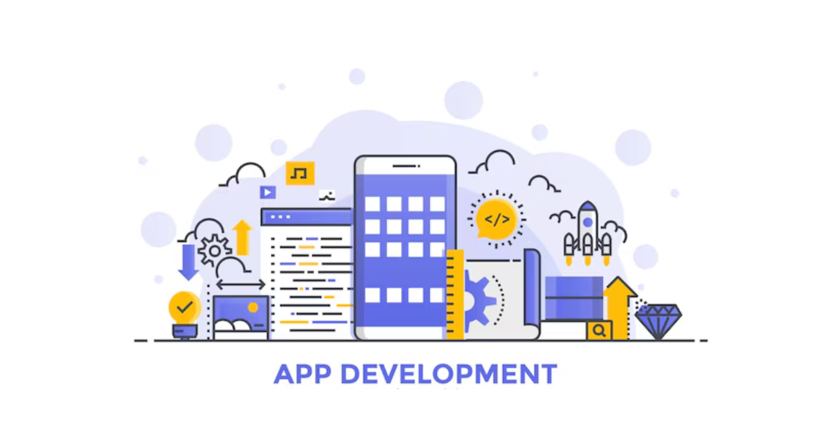 Illustration of mobile app development with smartphone, coding screen, gears, rocket, and digital icons representing technology and innovation.