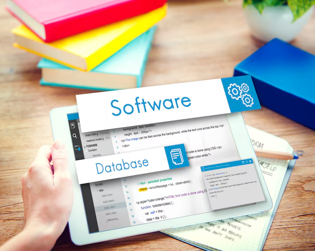 Tablet displaying coding interface with labels Software and Database, representing software development and database management.